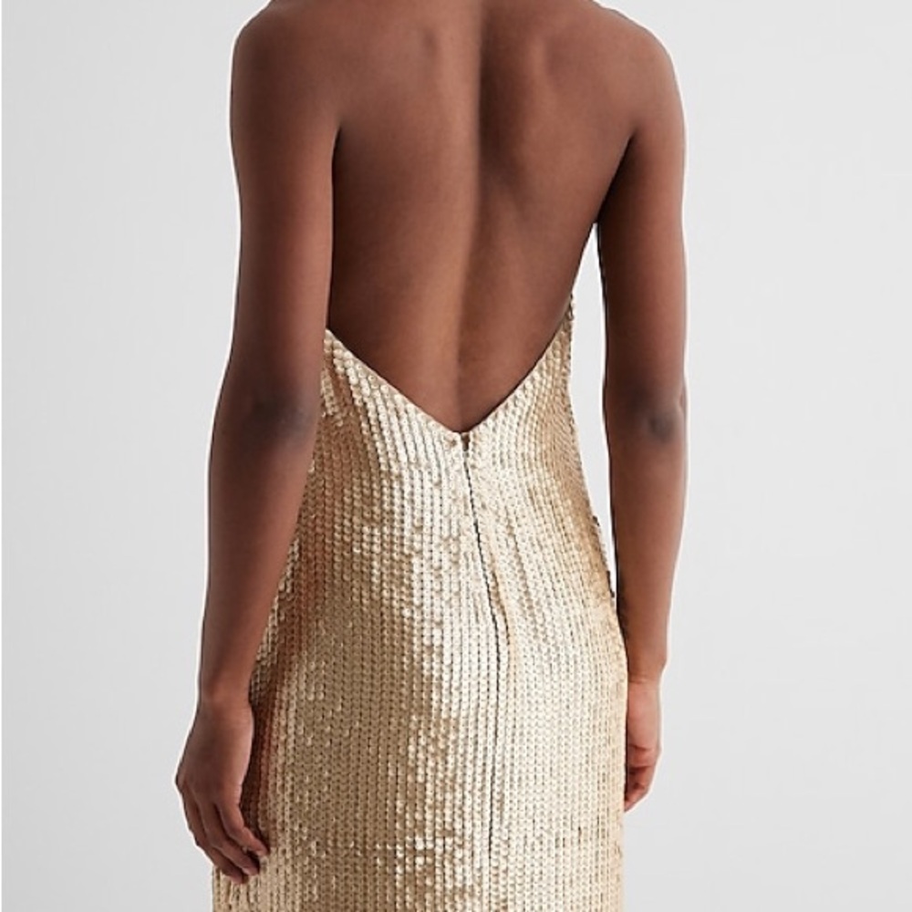 Express Gold Sequin Halter Dress Open Back Mini Party Size XL - Picture 2 of 10